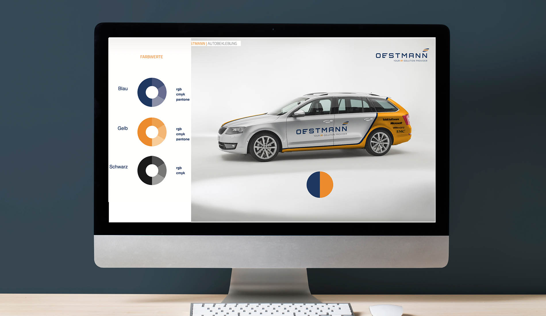 Darstellung eines Corporate Design Styleguides mit Fahrzeugbeklebung und Farbwerten in Blau, Gelb und Schwarz auf einem Monitor.
