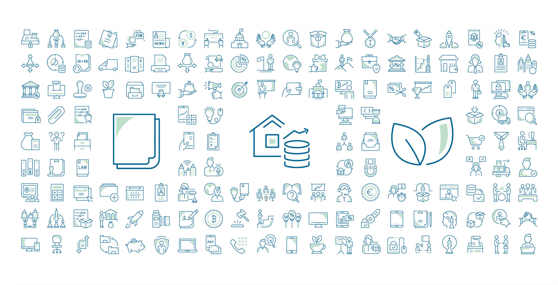 Illustratives Iconset im Corporate Design von Fairvendo mit Symbolen für Nachhaltigkeit, Finanzen und Beratung.