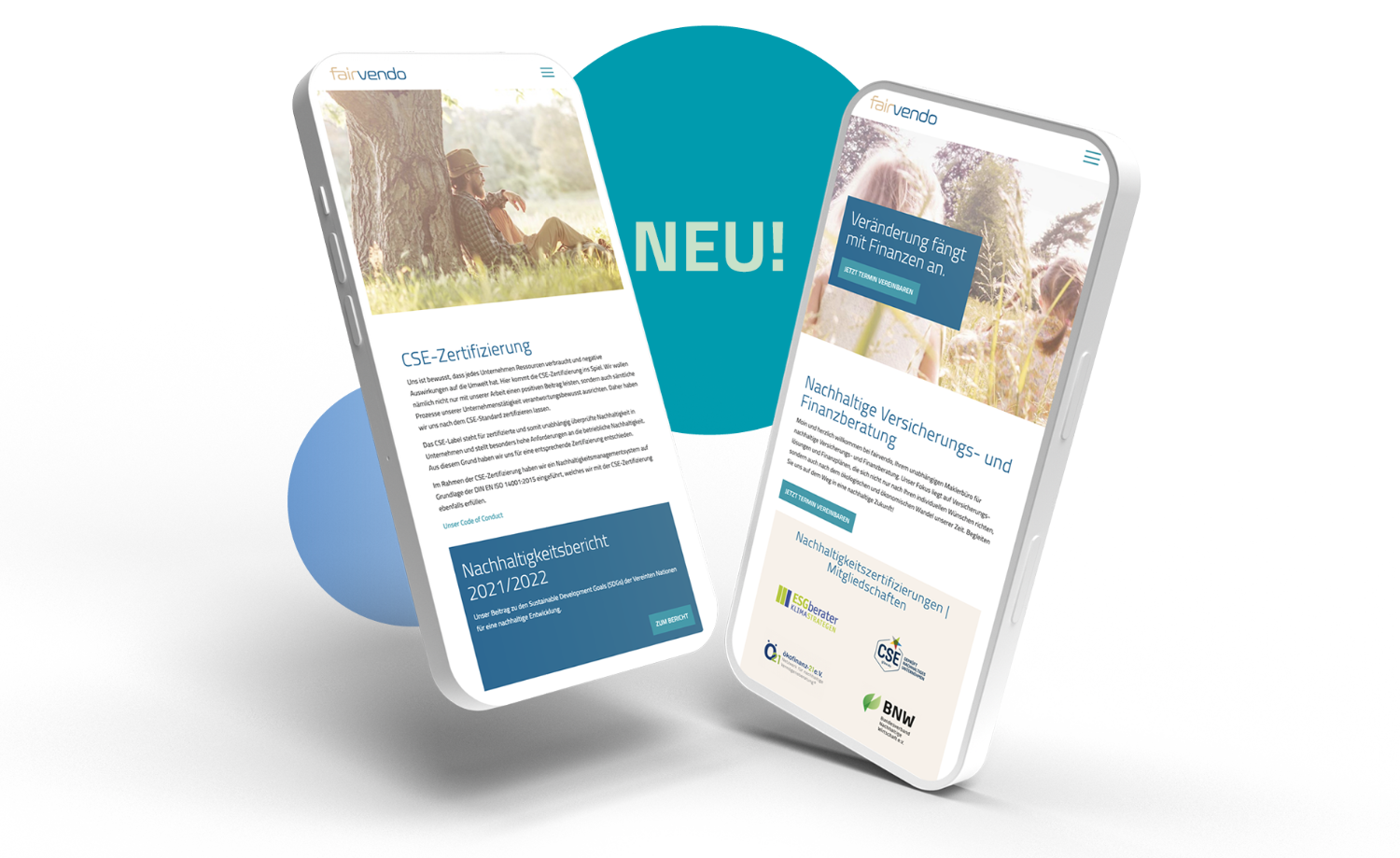 Zwei Smartphones zeigen das Webdesign von Fairvendo mit nachhaltiger Finanzberatung und CSE-Zertifizierung.