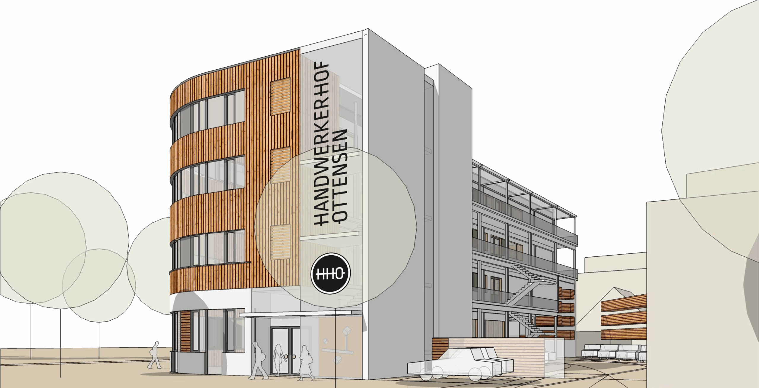 Architekturillustration des Handwerkerhof Ottensen mit moderner Holzfassade, Logo und vertikalem Schriftzug an der Gebäudefront.