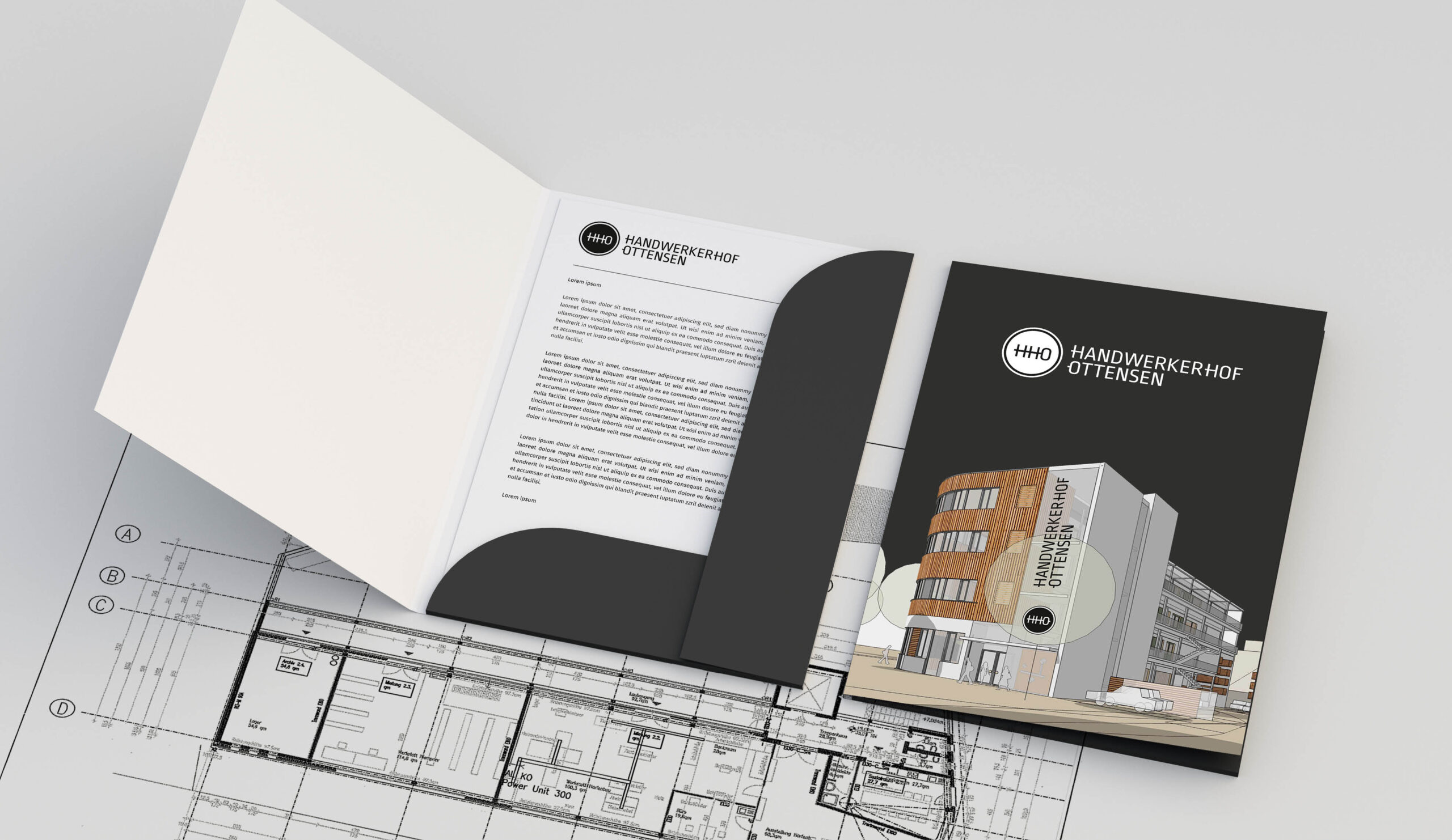 Präsentationsmappe und Briefbogen des Handwerkerhof Ottensen mit Logo und Gebäudeillustration auf einem Architektenplan.