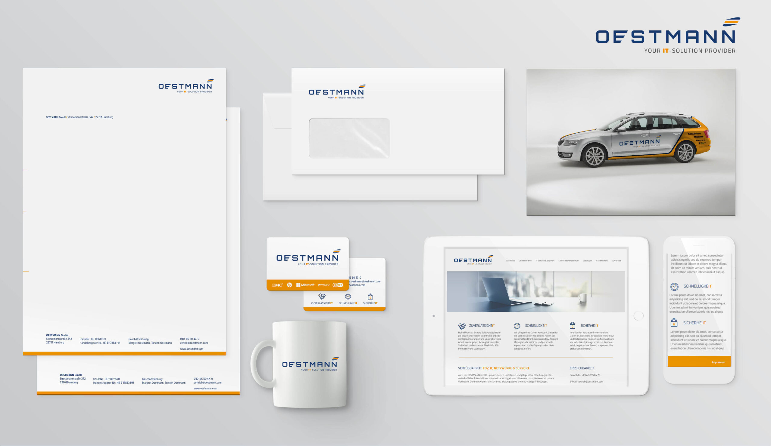 Übersicht des Oestmann Corporate Designs mit Geschäftsausstattung, Website, Fahrzeugbeschriftung und Werbematerialien in Blau und Orange.