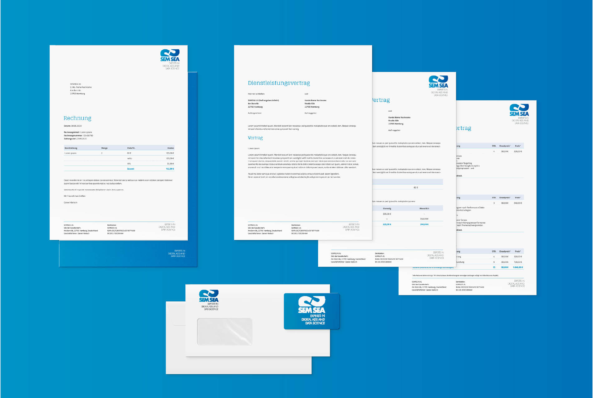 SEMSEA – Geschäftsausstattung im Corporate Design Geschäftsausstattung von SEMSEA mit Briefpapier, Verträgen und Briefumschlägen im klaren blauen Corporate Design.