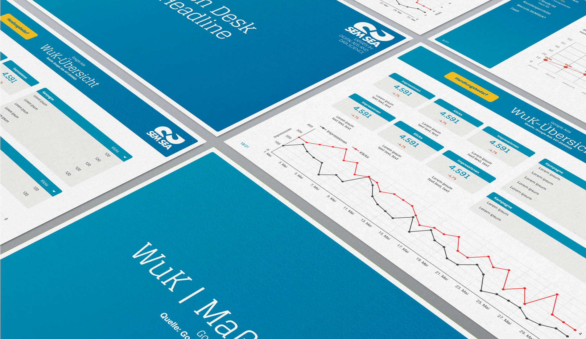 SEMSEA Markenauftritt mit Dashboard-Designs und digitalen Reports im modernen blauen Corporate Design.