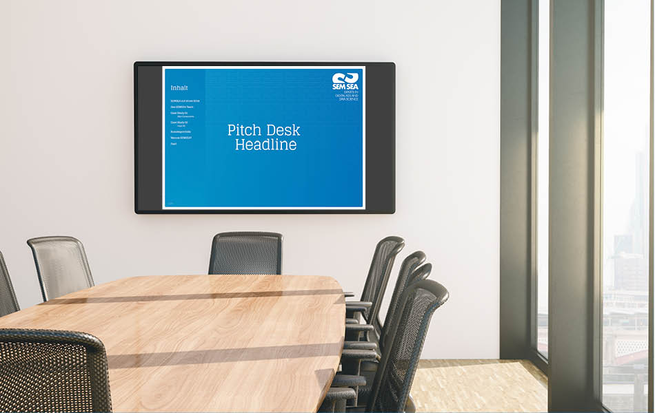 SEMSEA – Pitch Deck Präsentation SEMSEA Pitch-Deck Präsentation im modernen Corporate Design, gezeigt auf einem Bildschirm in einem Konferenzraum.
