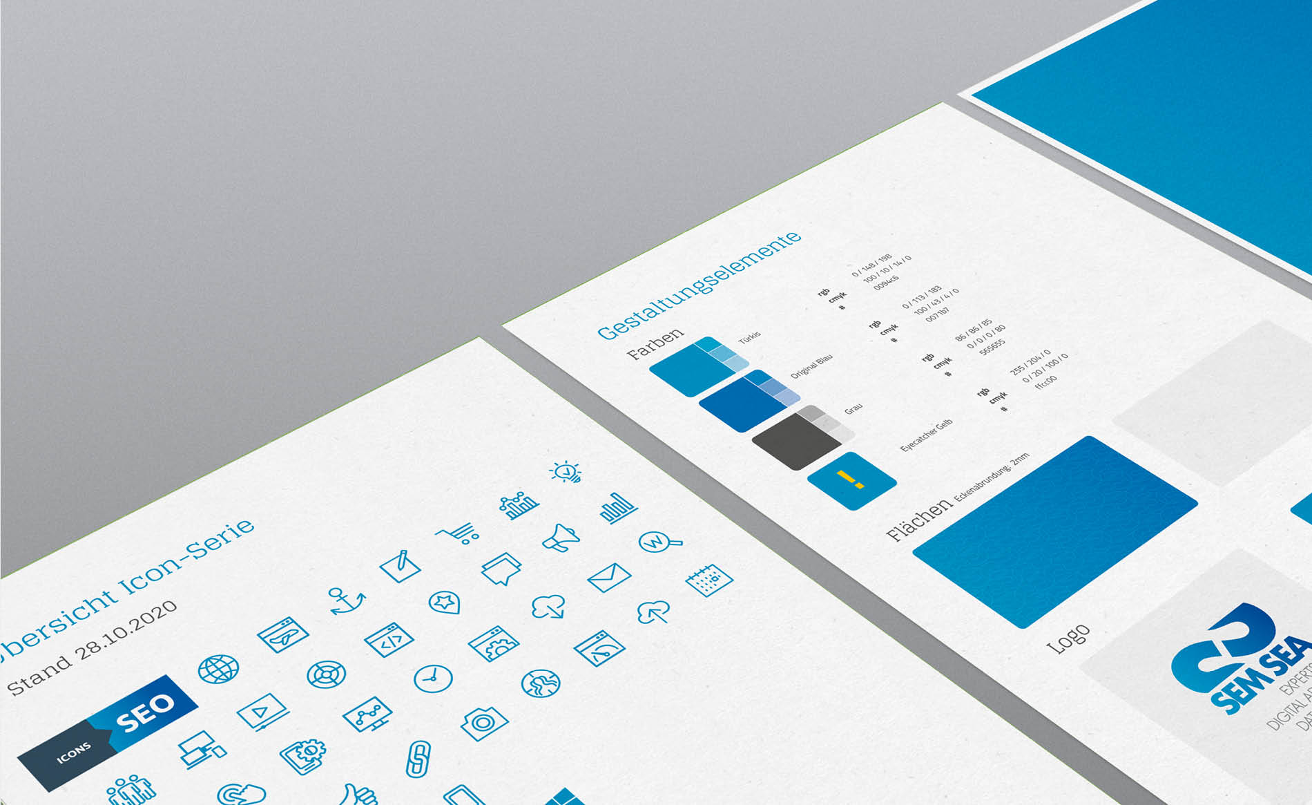 SEMSEA Corporate Design Styleguide mit Farbdefinitionen, Icon-Serie und Gestaltungselementen für die digitale Markenkommunikation.
