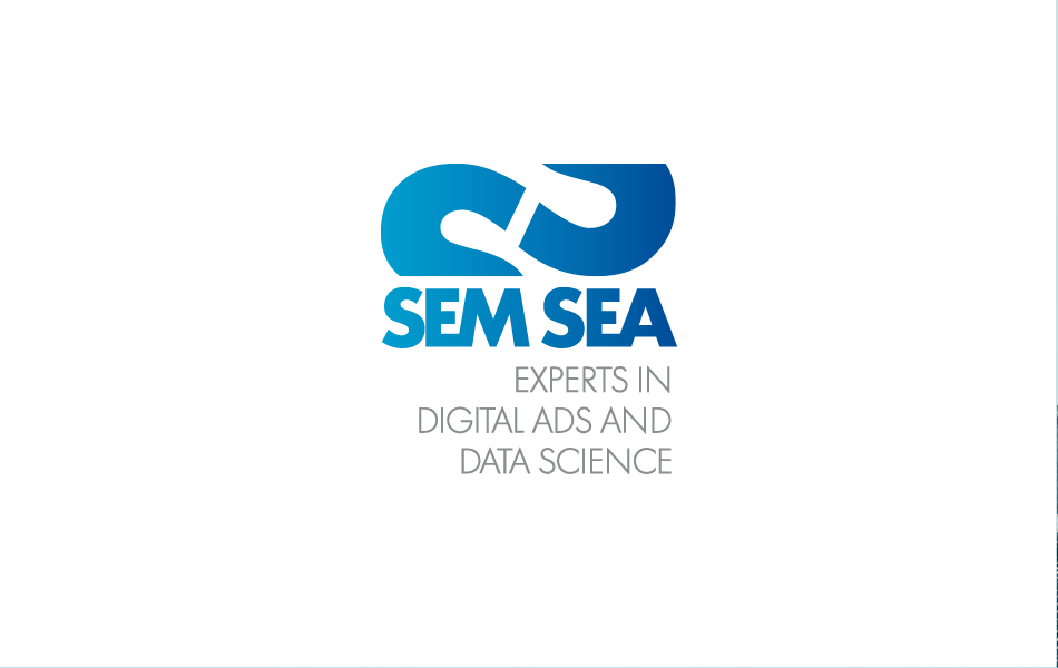SEMSEA – Logo im Corporate Design SEMSEA Logo in Blautönen mit Schriftzug „Experts in Digital Ads and Data Science“.