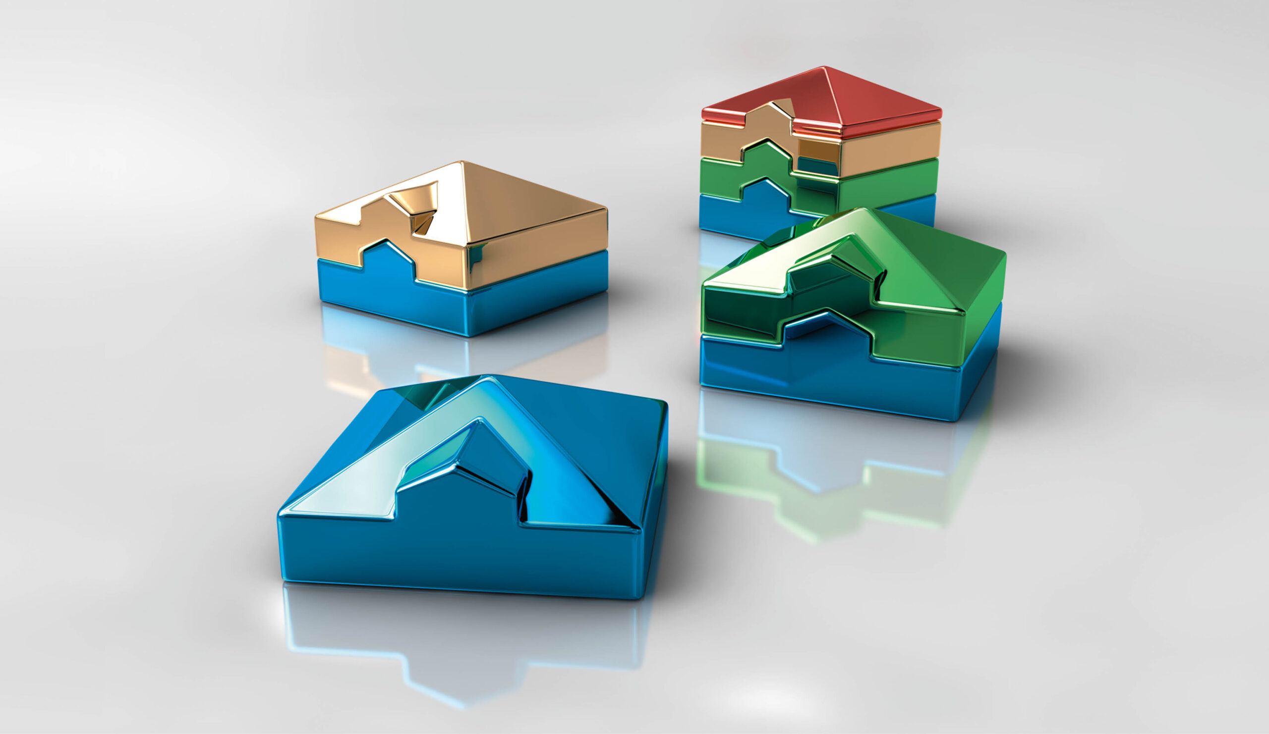 3D-Visualisierung farbiger Bausteine in Hausform als Symbol für modulare Baufinanzierung der Sparkasse.