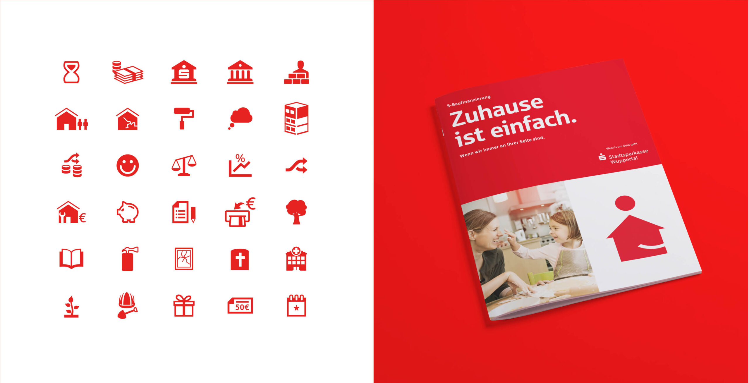 Rote Icons im Sparkassen-Stil neben einer Baufinanzierungs-Broschüre mit dem Titel „Zuhause ist einfach“ der Stadtsparkasse Wuppertal.