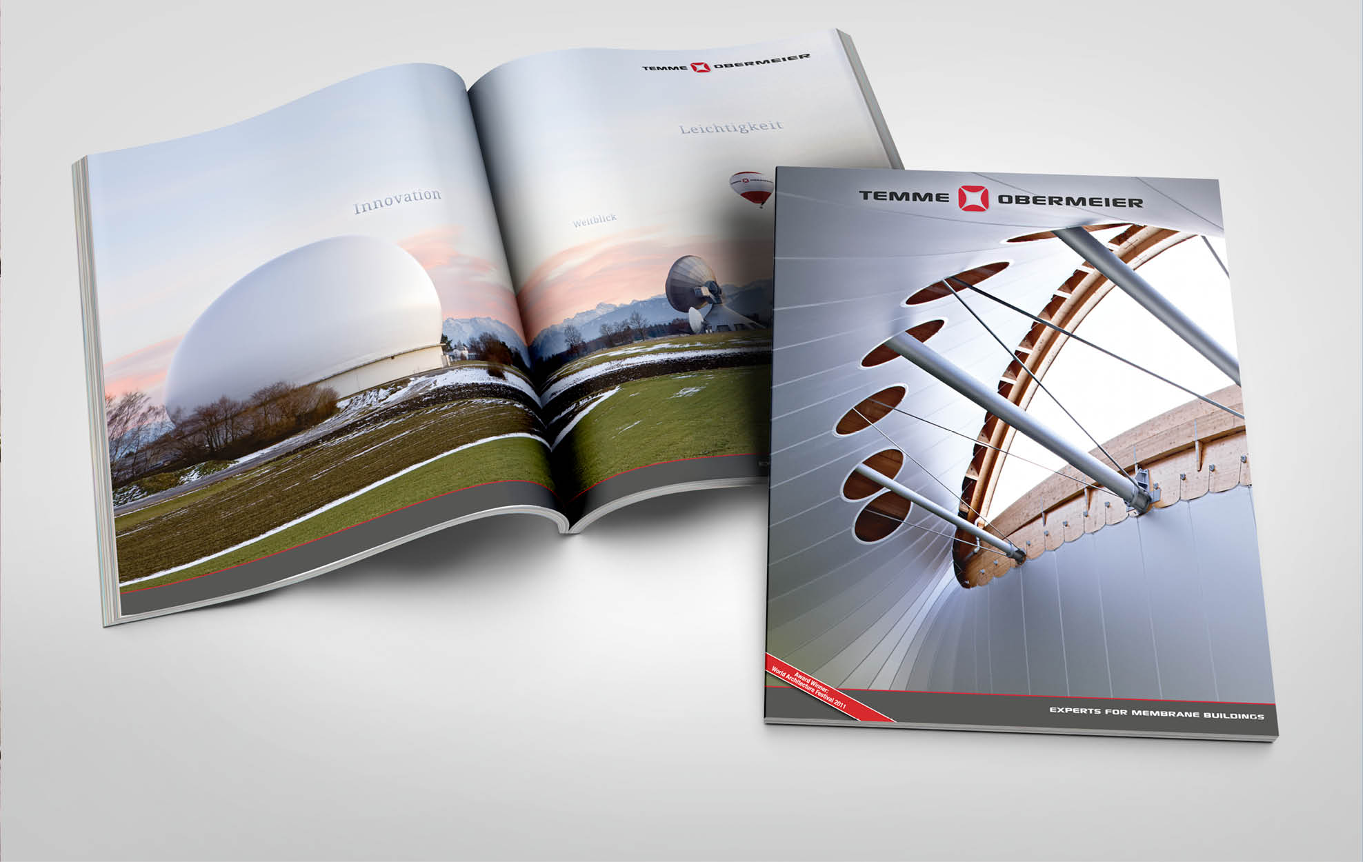 Imagebroschüre von Temme Obermeier im Corporate Design mit Architektur- und Technikfokus auf Membranbauten.