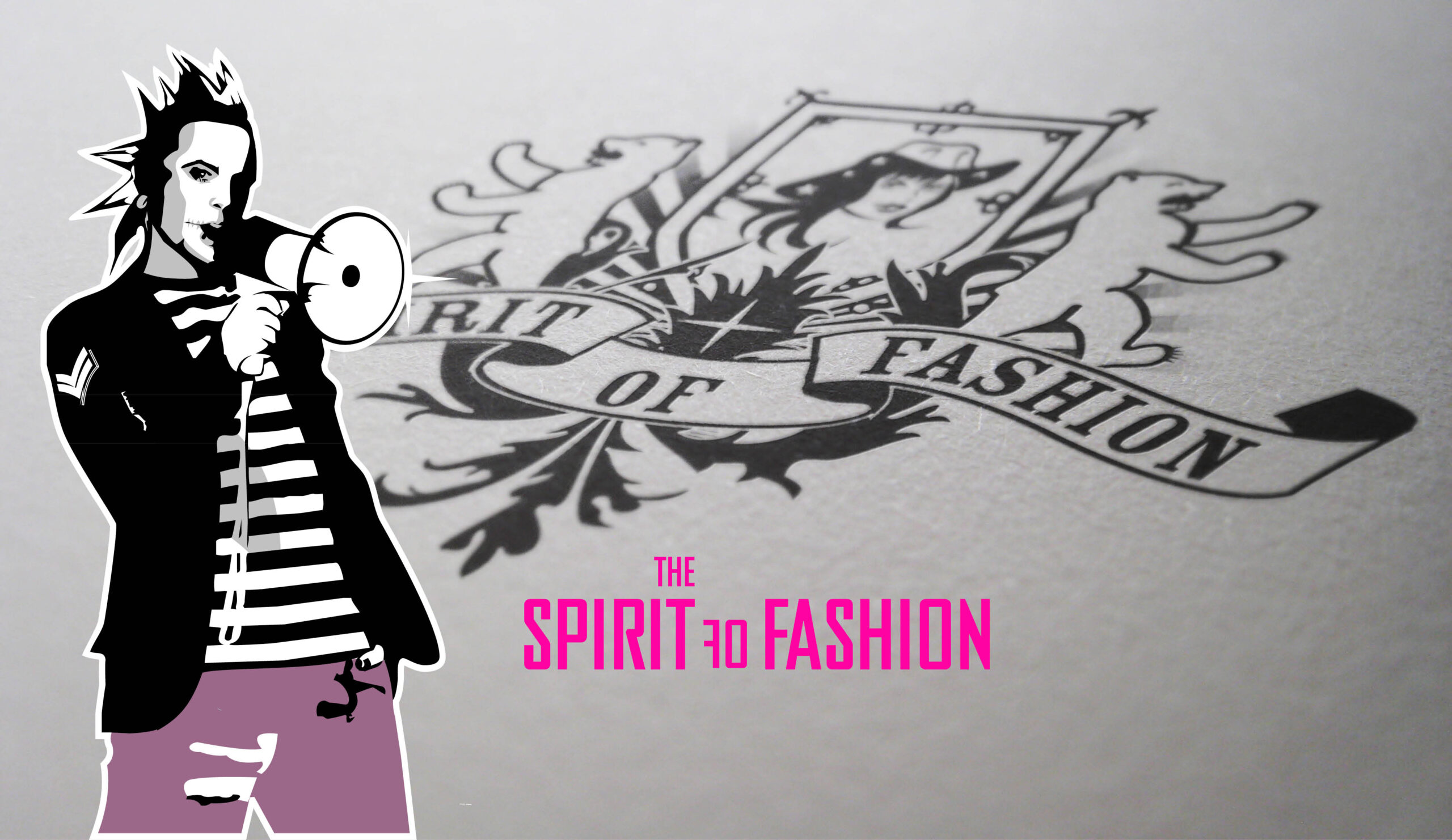 Logo und Charakterillustration für „The Spirit of Fashion“ mit Wappenmotiv und urbanem Punk-Illustrationsstil auf strukturierter Papieroberfläche.