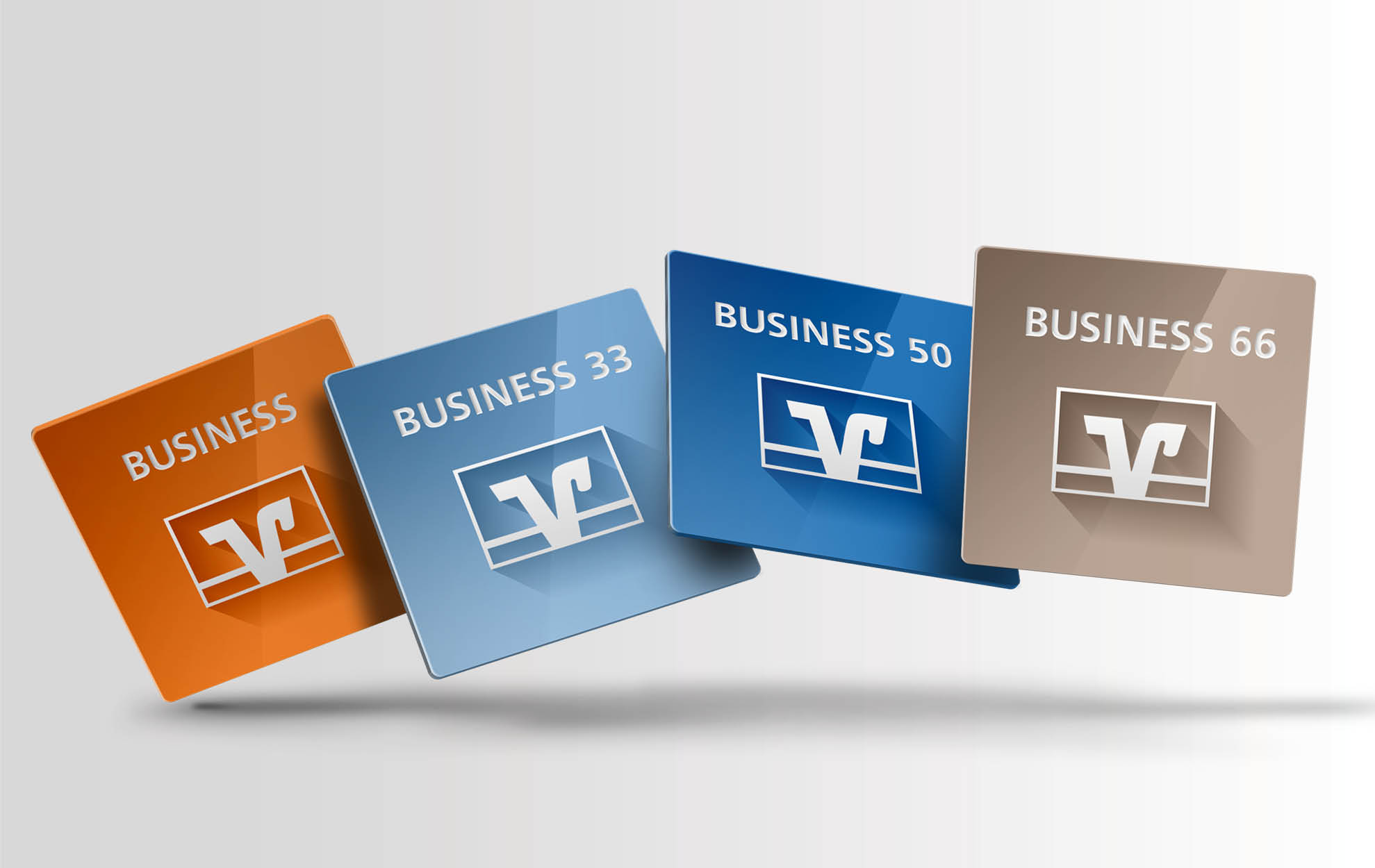 Darstellung verschiedener Volksbank Business-Konten in unterschiedlichen Farben als visuelle Produktmodelle.
