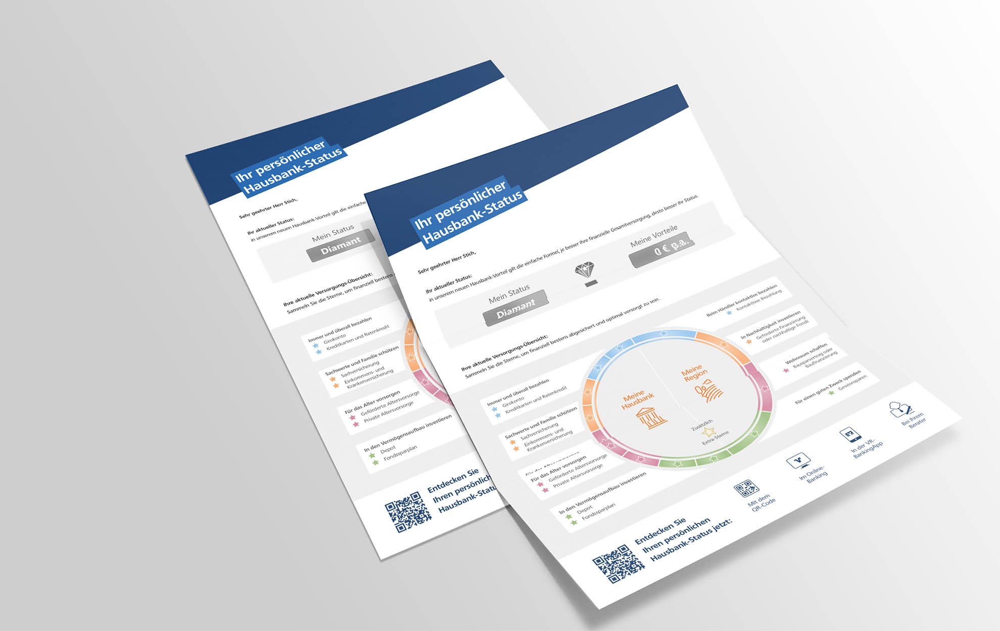 Hausbank-Status Ausdruck – Volksbank Zwei Ausdrucke mit dem persönlichen Hausbank-Status der Volksbank, inklusive Kreisdiagramm und Vorteilsübersicht.