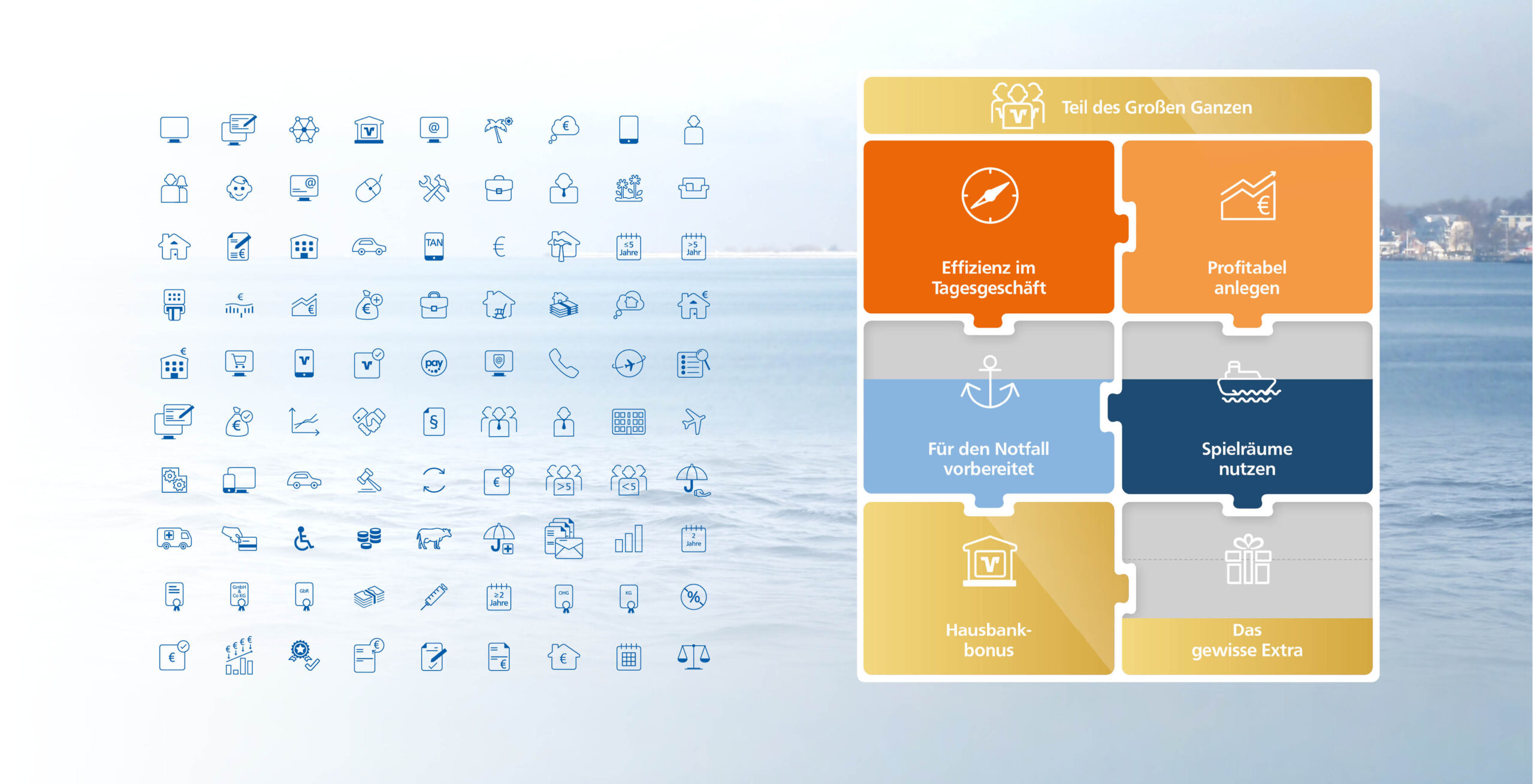 Iconserie und Visualisierung der Beratungsthemen des Volksbank Versorgungs-Checks mit Symbolen und Puzzle-Struktur.