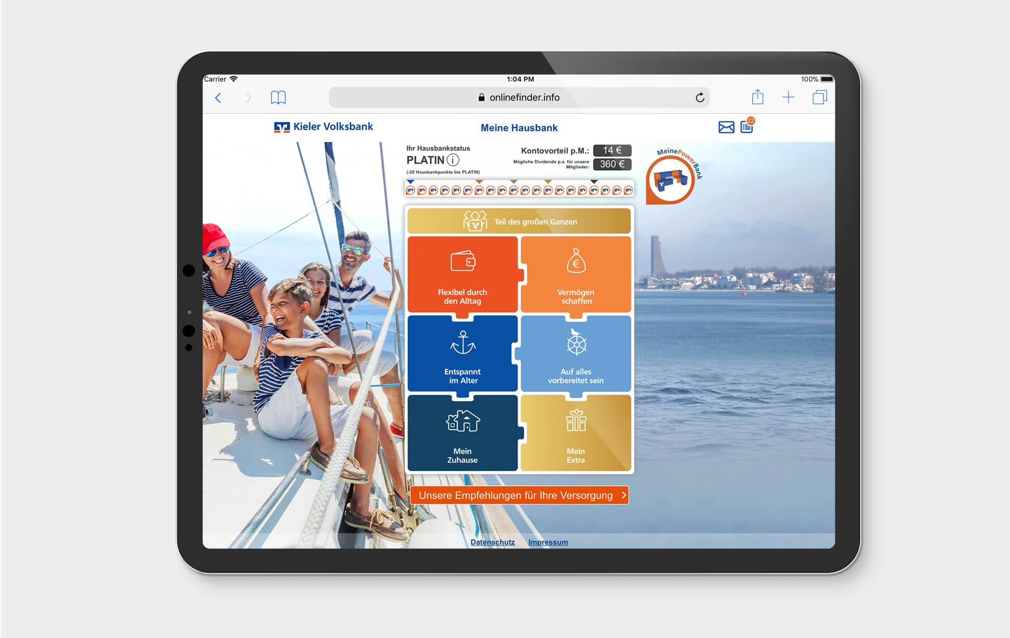 Tablet mit geöffneter Online-Anwendung der Kieler Volksbank zum Versorgungs-Check mit Themenfeldern zu Finanzen und Vorsorge.