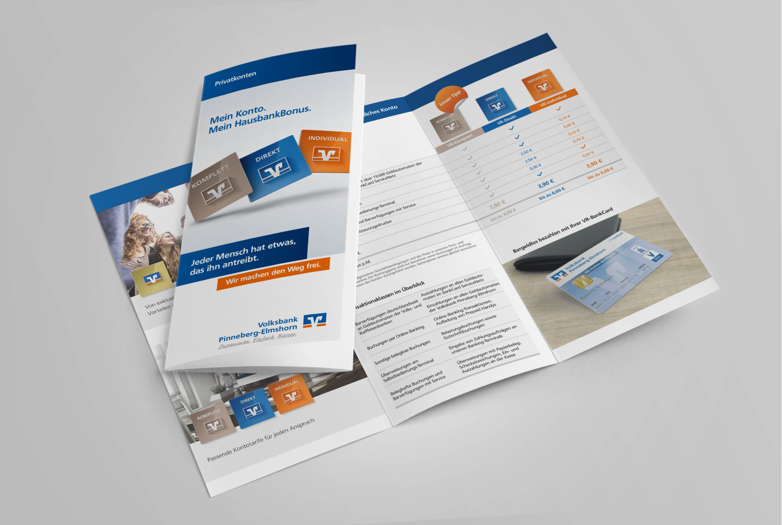 Broschüre der Volksbank Pinneberg-Elmshorn mit Übersicht über Privatkonten und Kontomodelle.