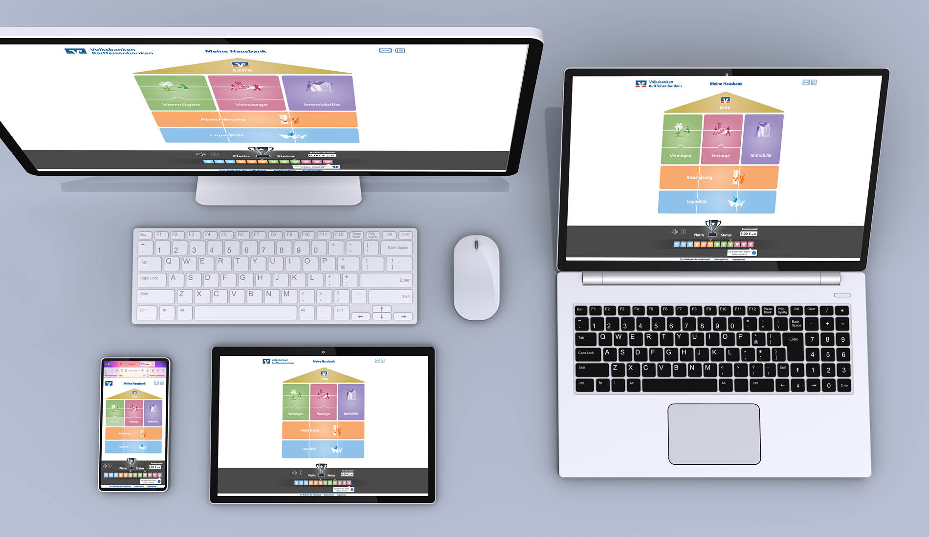 Mehrere Geräte wie Laptop, Tablet, Smartphone und Desktop zeigen dieselbe Website im responsiven Design als Symbol für Systempflege und Wartungsservice.