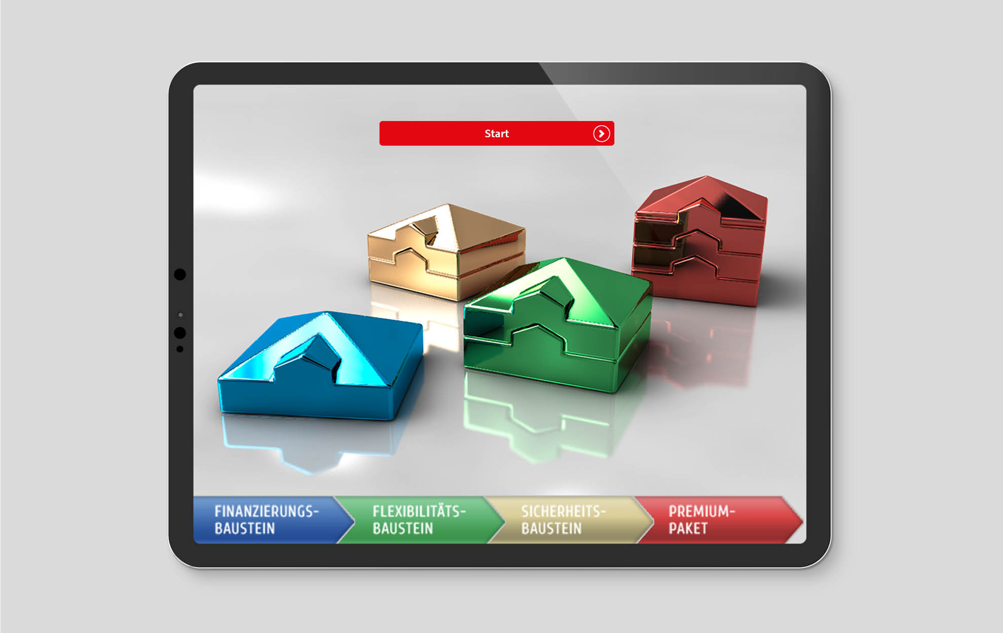 Tablet mit einer interaktiven Baufinanzierungsanwendung, die bunte Bausteine als Module für verschiedene Finanzierungspakete zeigt.