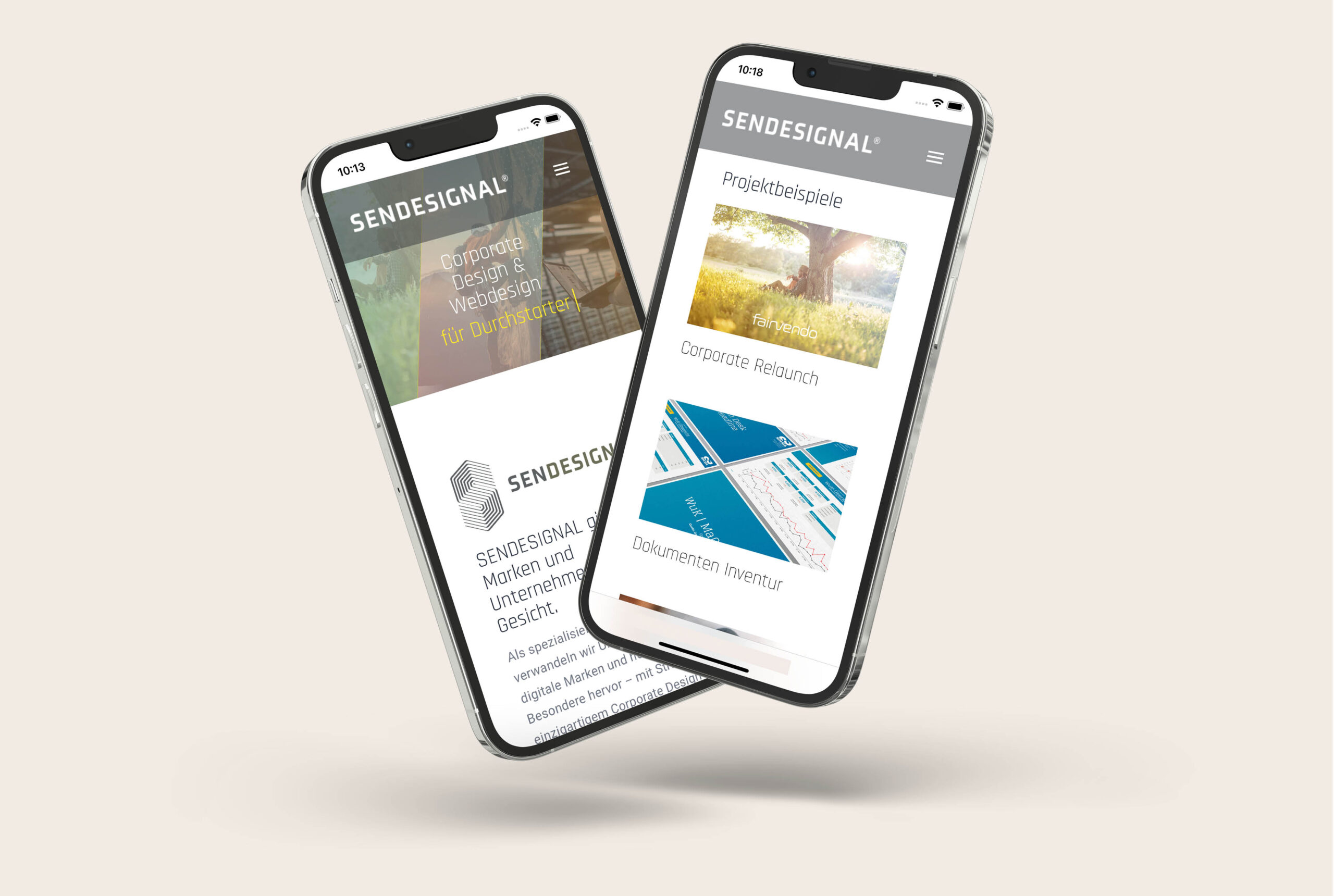 Website Relaunch für SENDESIGNAL Zwei Smartphones zeigen die neu gestaltete SENDESIGNAL Website im modernen, responsiven Design.